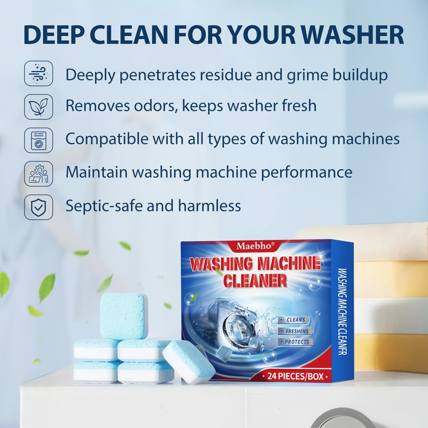 Washing Machine Cleaner Tablets 24 Pack - Deep Cleaning & Descaler for HE Front