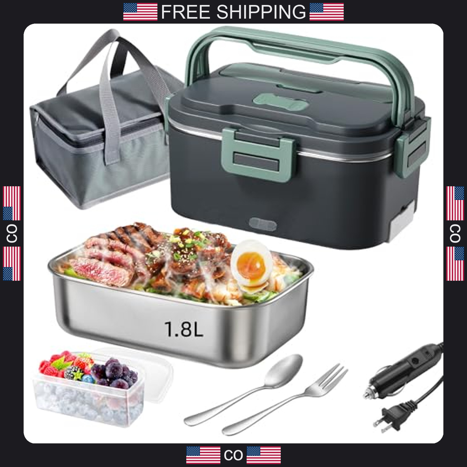 Portable Electric Lunch Box 1.8L Stainless Steel Food Warmer for Office