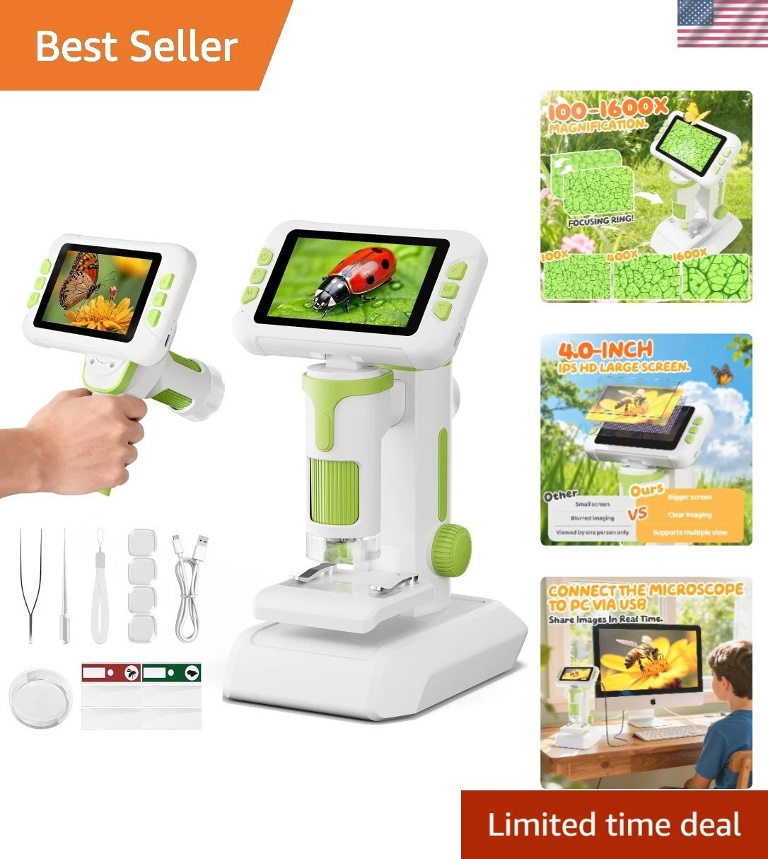 1600X Microscope for Kids, 1080P 4.0" Digital Screen Kids Microscopes with Sl...