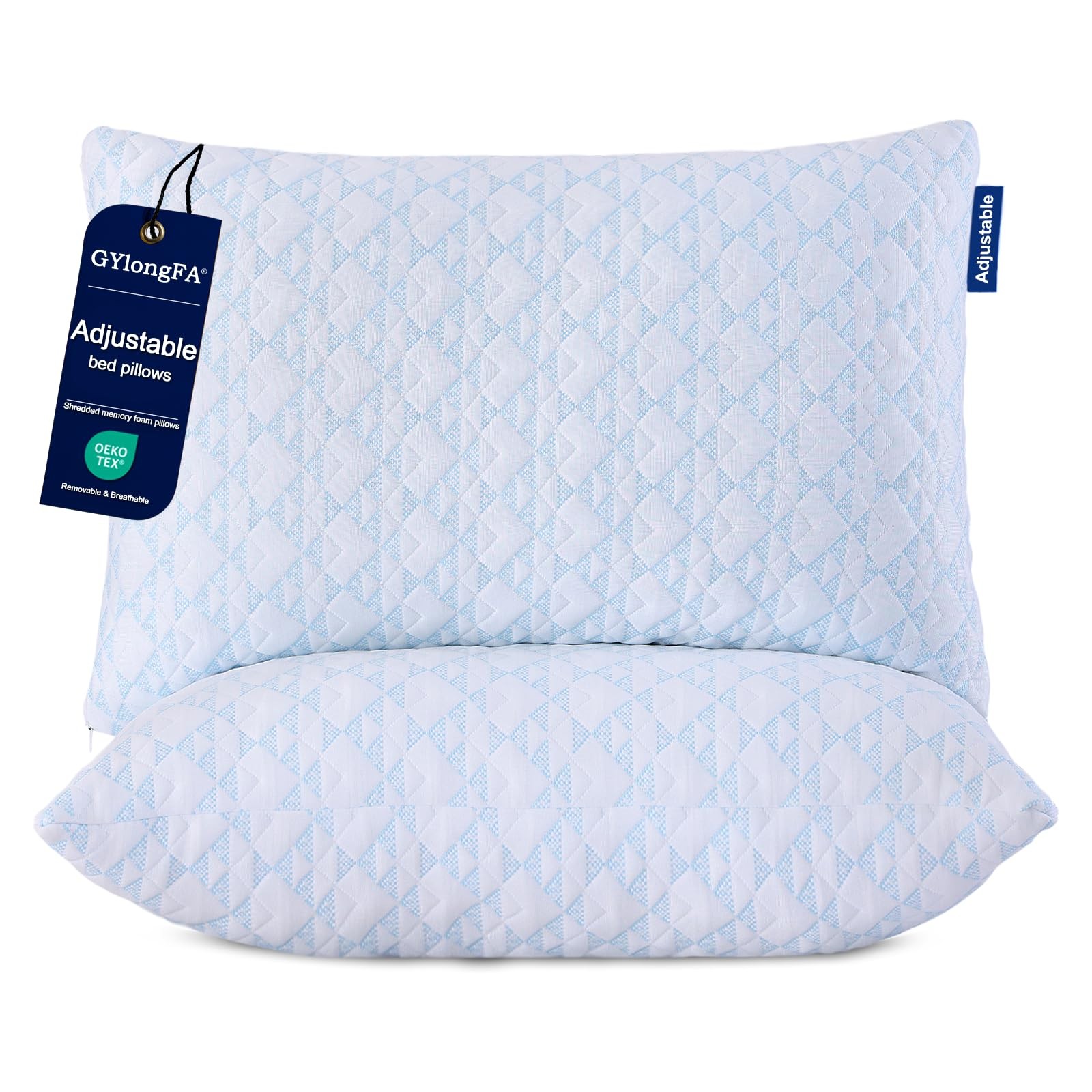 Queen Pillows Set of 2, Adjustable Shredded Memory Foam Bed Pillows for Sleep...