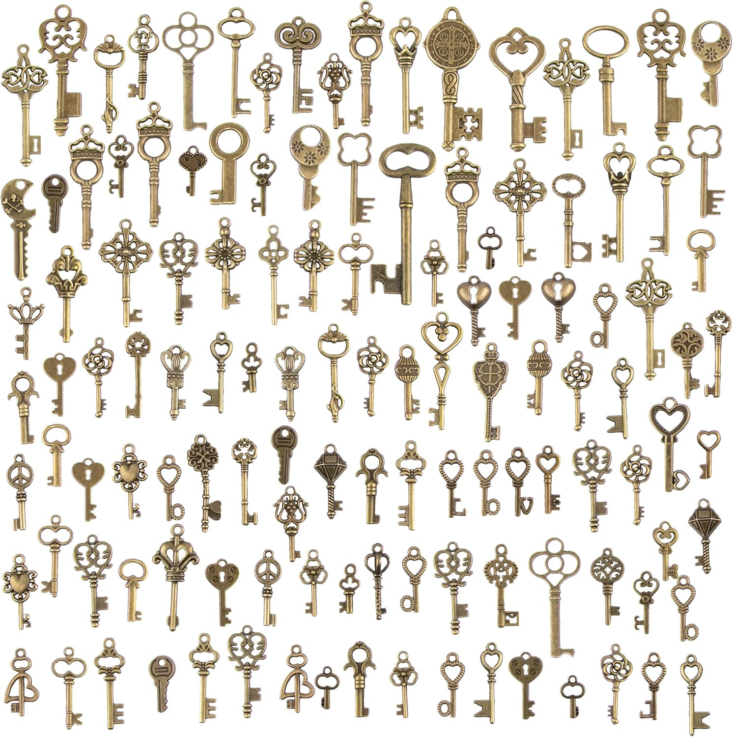 125Pcs/6Oz Vintage Skeleton Keys Set, Steampunk Key Necklace, Antique Bronze Cha