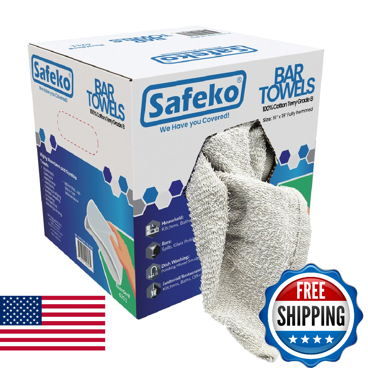 SAFEKO Cotton Terry Bar Towels – 100% Cotton, 16” x 19”, Highly Absorbent & Dura