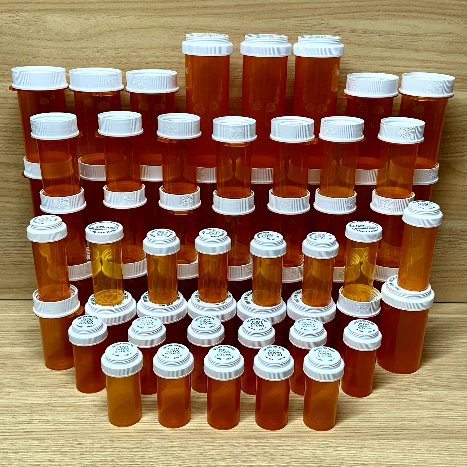72 Empty Pill Bottles w/ Child-Resistant Caps Mixed Sizes – Clean Lot for Crafts