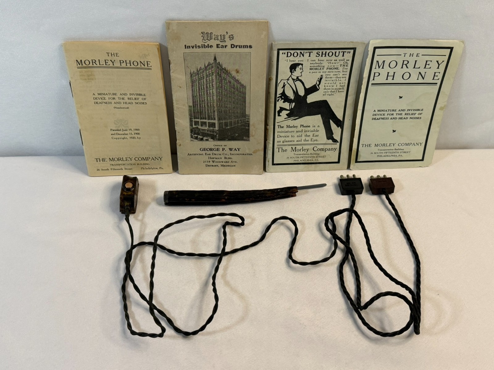 Morley Phone Hearing Aid Way Invisible Ear Drums w Pamphlets Vintage