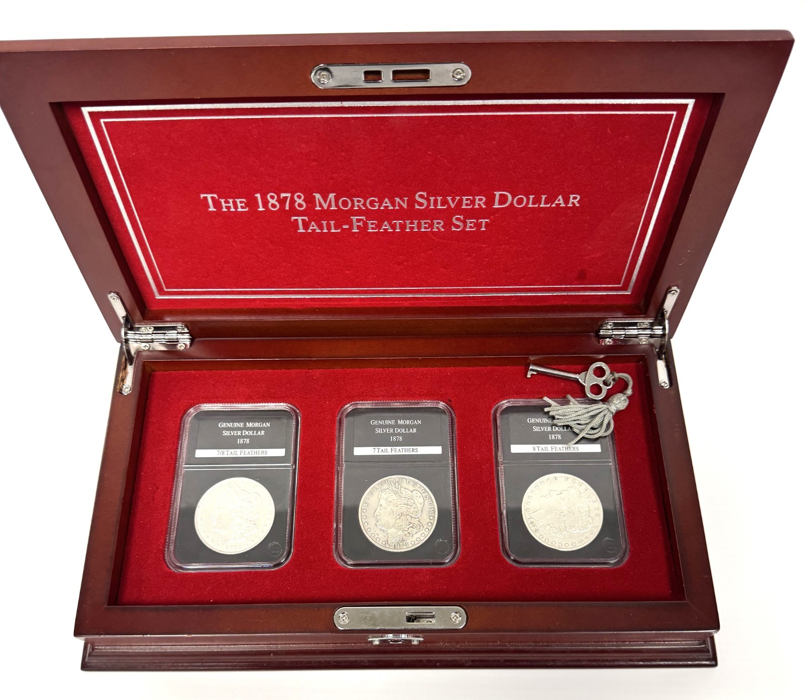 The 1878 Morgan Silver Dollar Tail-Feather Set 3-Coin 90% Silver Wooden Lockbox