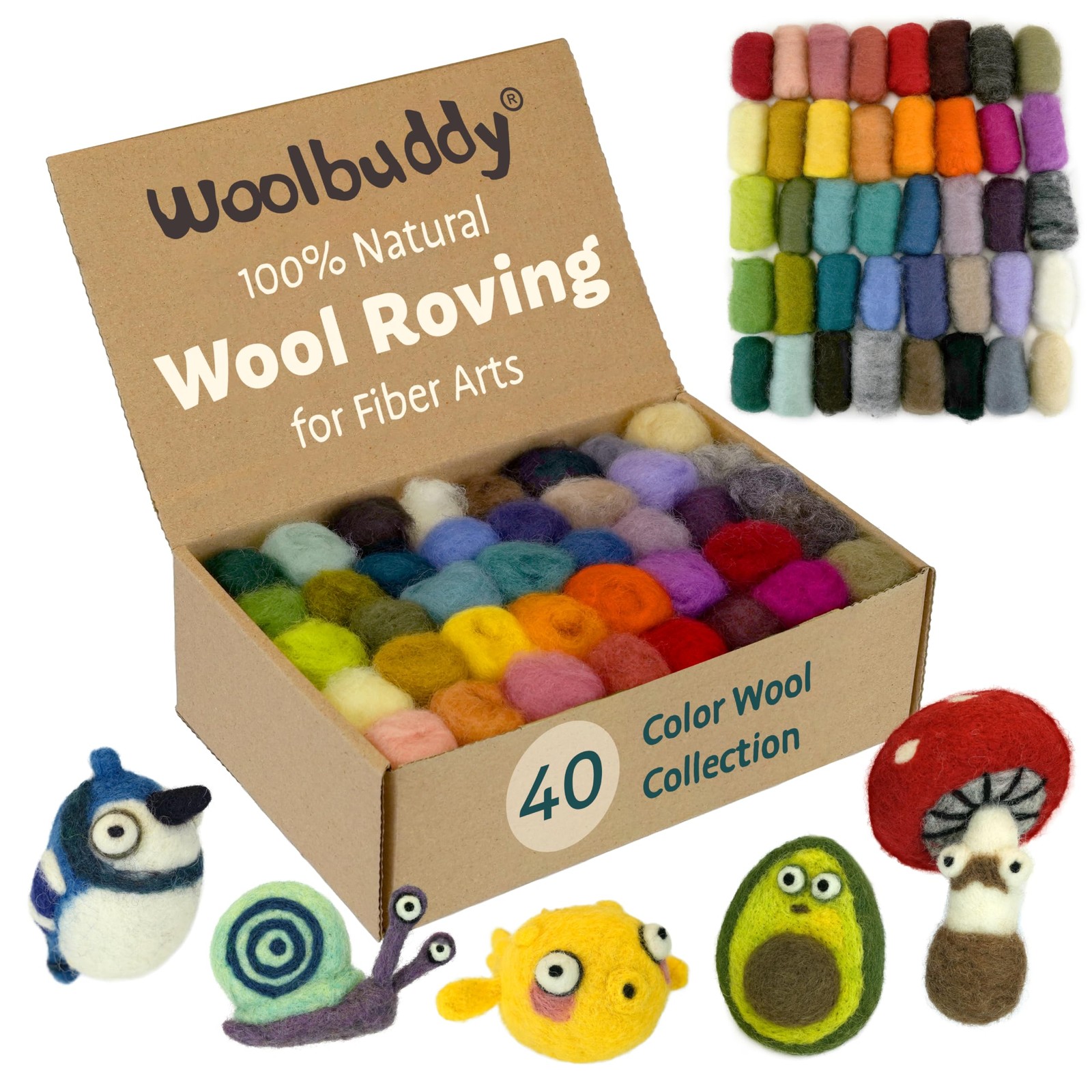 Wool Roving Kit - 40 Vibrant Corriedale Wool Colors for Wet & Dry Felting – S...