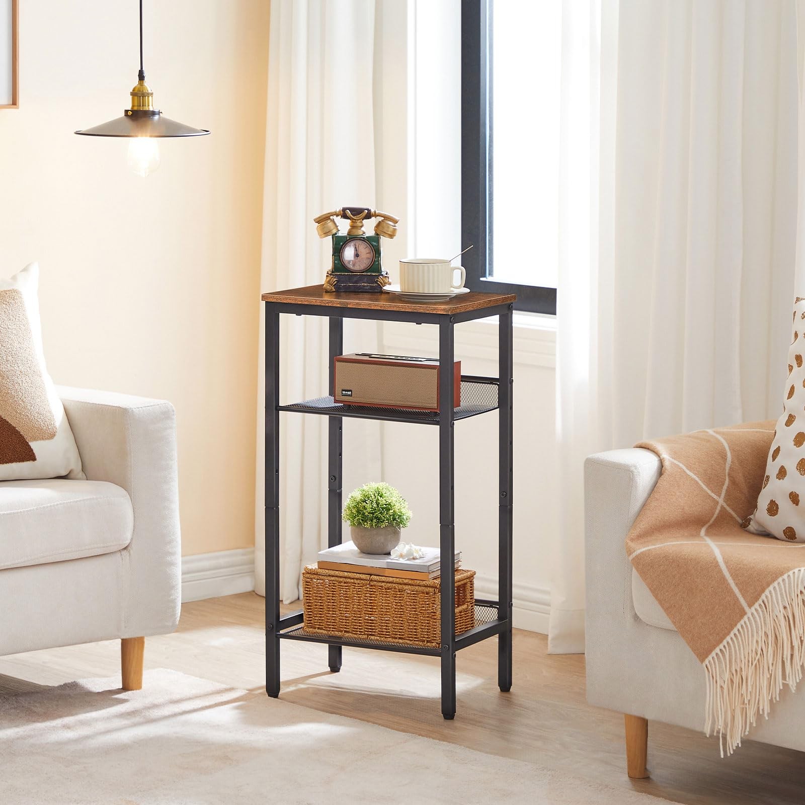 HOOBRO Side Table, Industrial End Telephone Table with Adjustable Mesh Shelves,