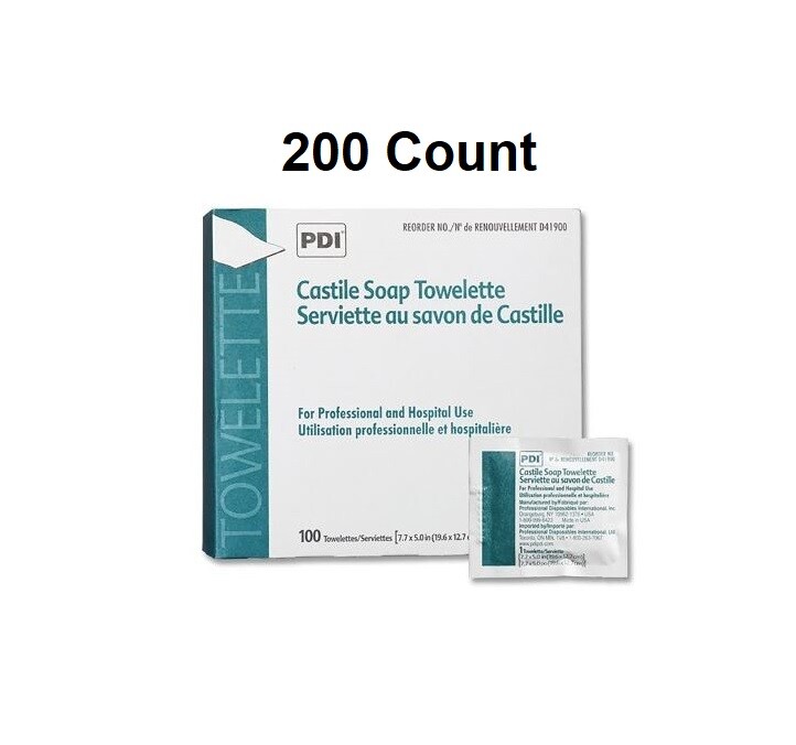 Lot of 200 - PDI Castile Soap Towelette 7.7" x 5" Individually Packet
