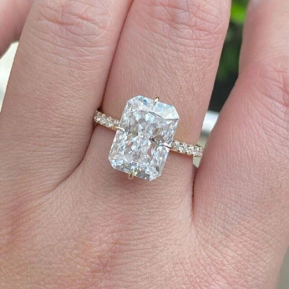 Radiant Cut 3.40 Ct White Moissanite Prong Engagement Ring 14K Yellow Gold FN