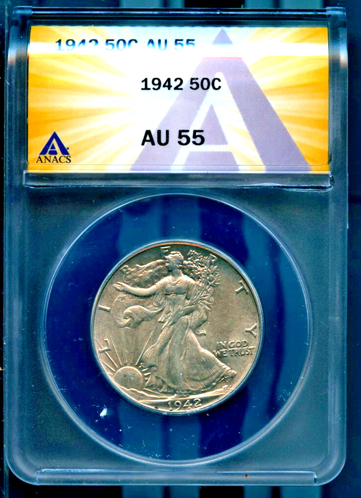 1942 50c Silver Walking Liberty Half-dollar AU 55 ANACS # 7880527 + Bonus