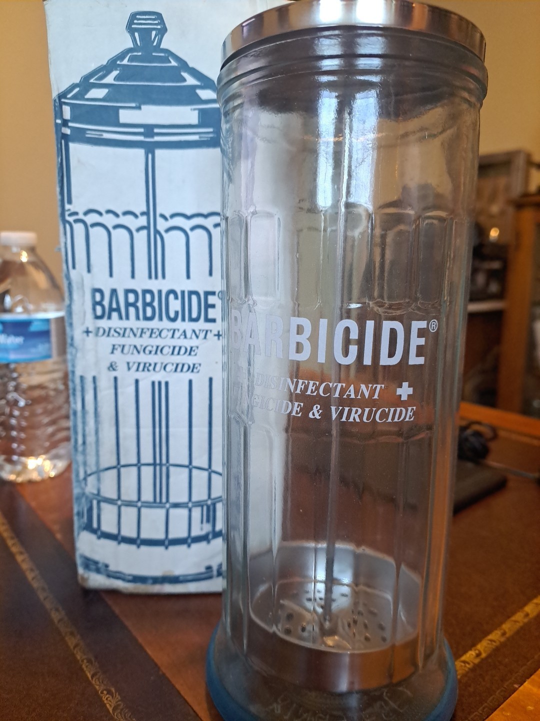 New - Vintage BARBICIDE Disinfectant Jar Barber Salon W/ Original Box