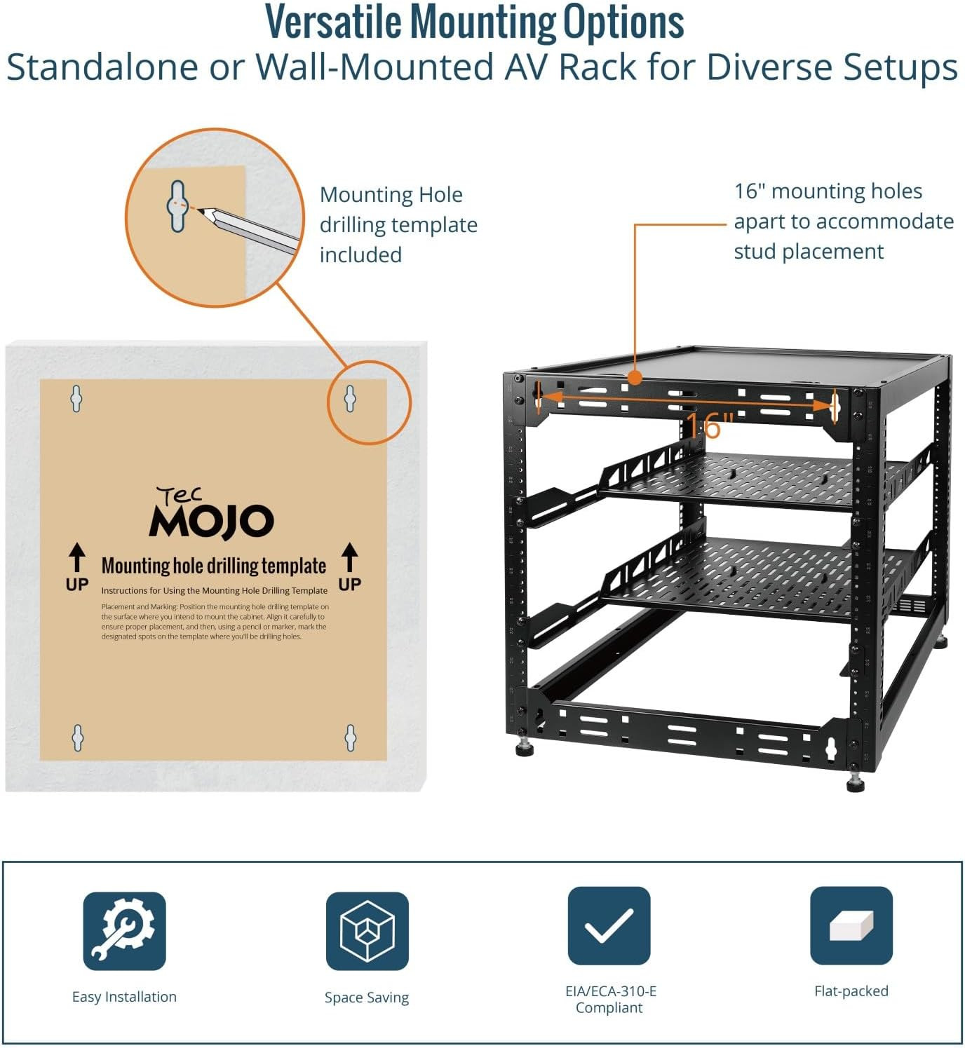 12U Open Frame Network Rack for IT & AV Gear, AV Rack Floor Standing or Wall Mou