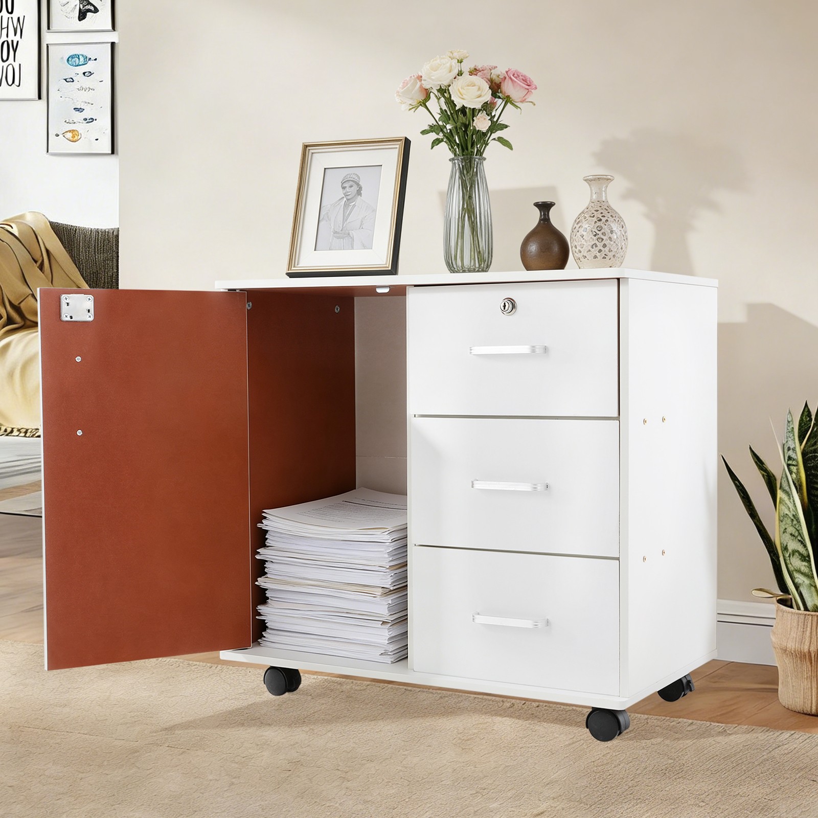 File Cabinet 3 Drawer & Cabinet Locking Rolling On Wheels Storage Organizer