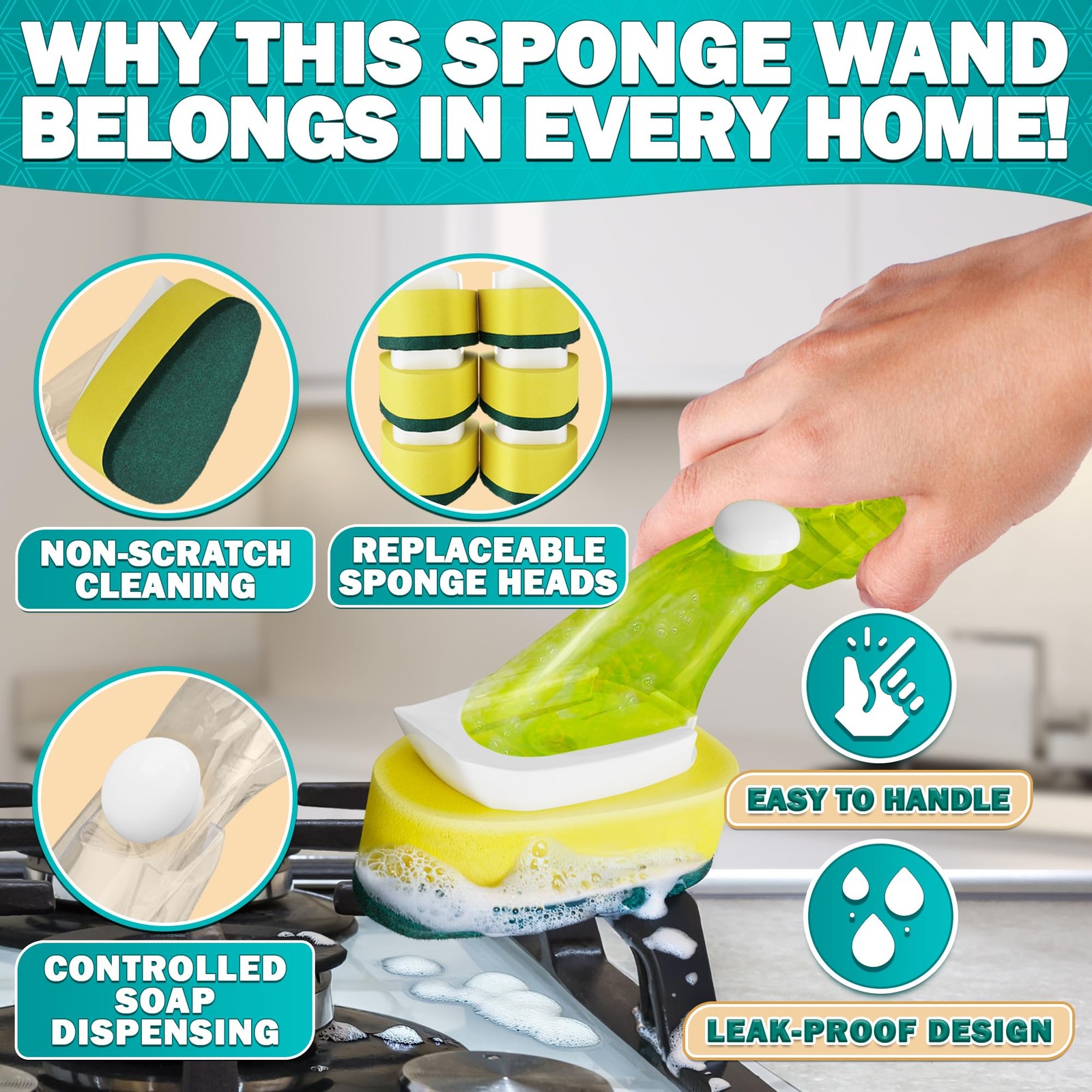 Dish Sponge with Handle – High-Density Absorbent Dish Washing Brush with Hand...