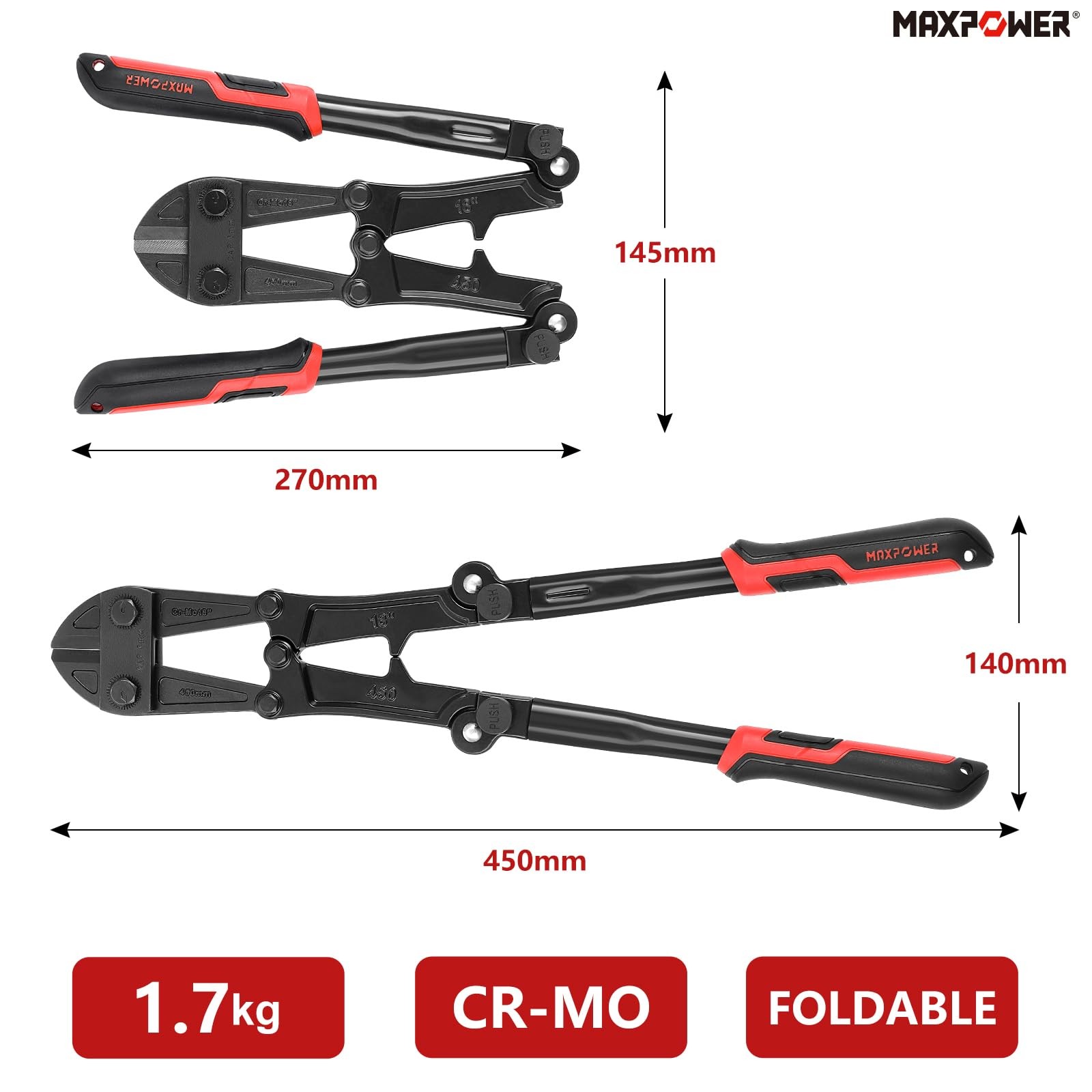 MAXPOWER 18-inch Folding Bolt Cutters, Foldable Cutter 18", Black & Red