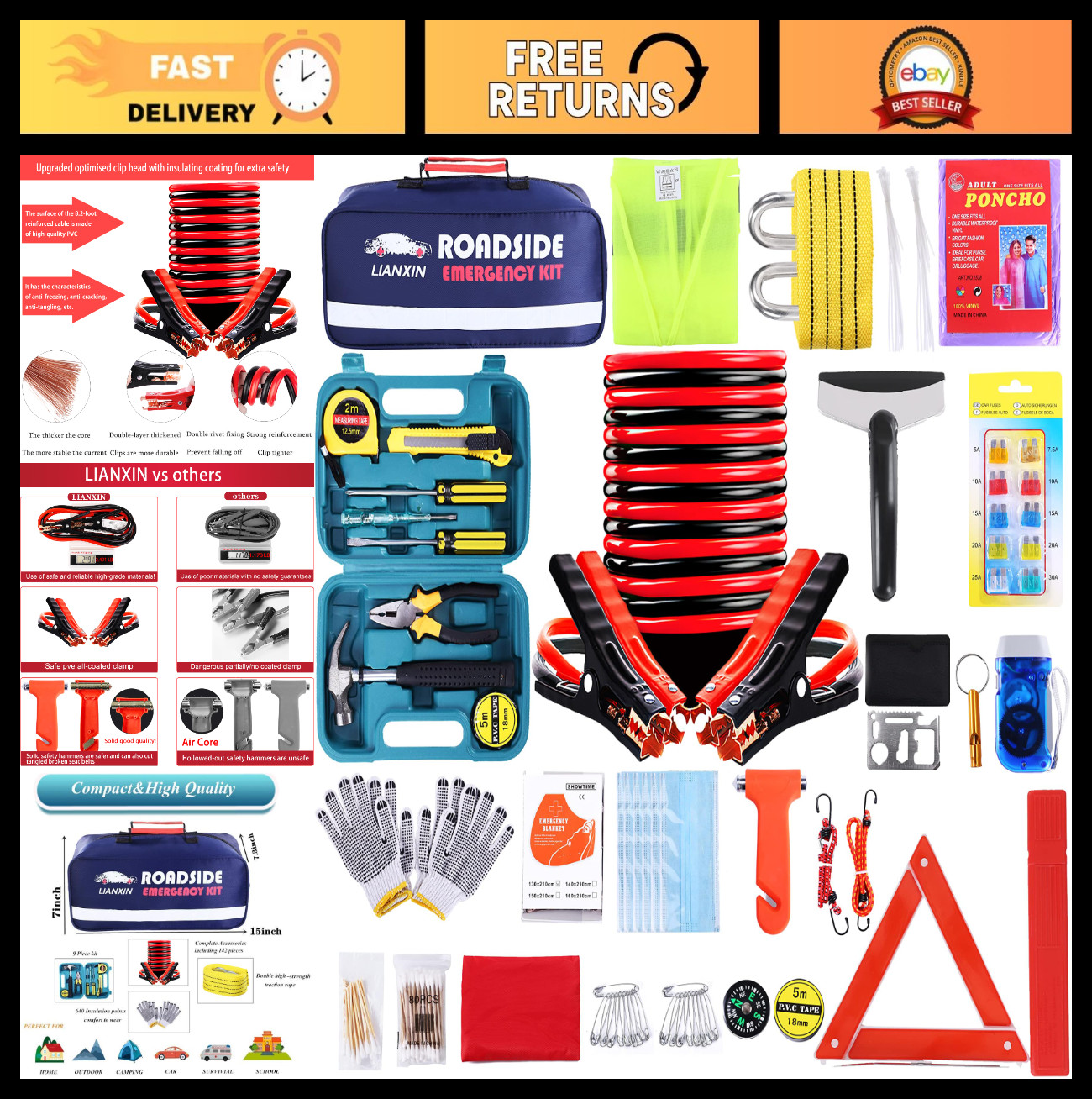 142 PCS Emergency Roadside Kit - Safety Kit with Jumper Cables, Warning Triangle