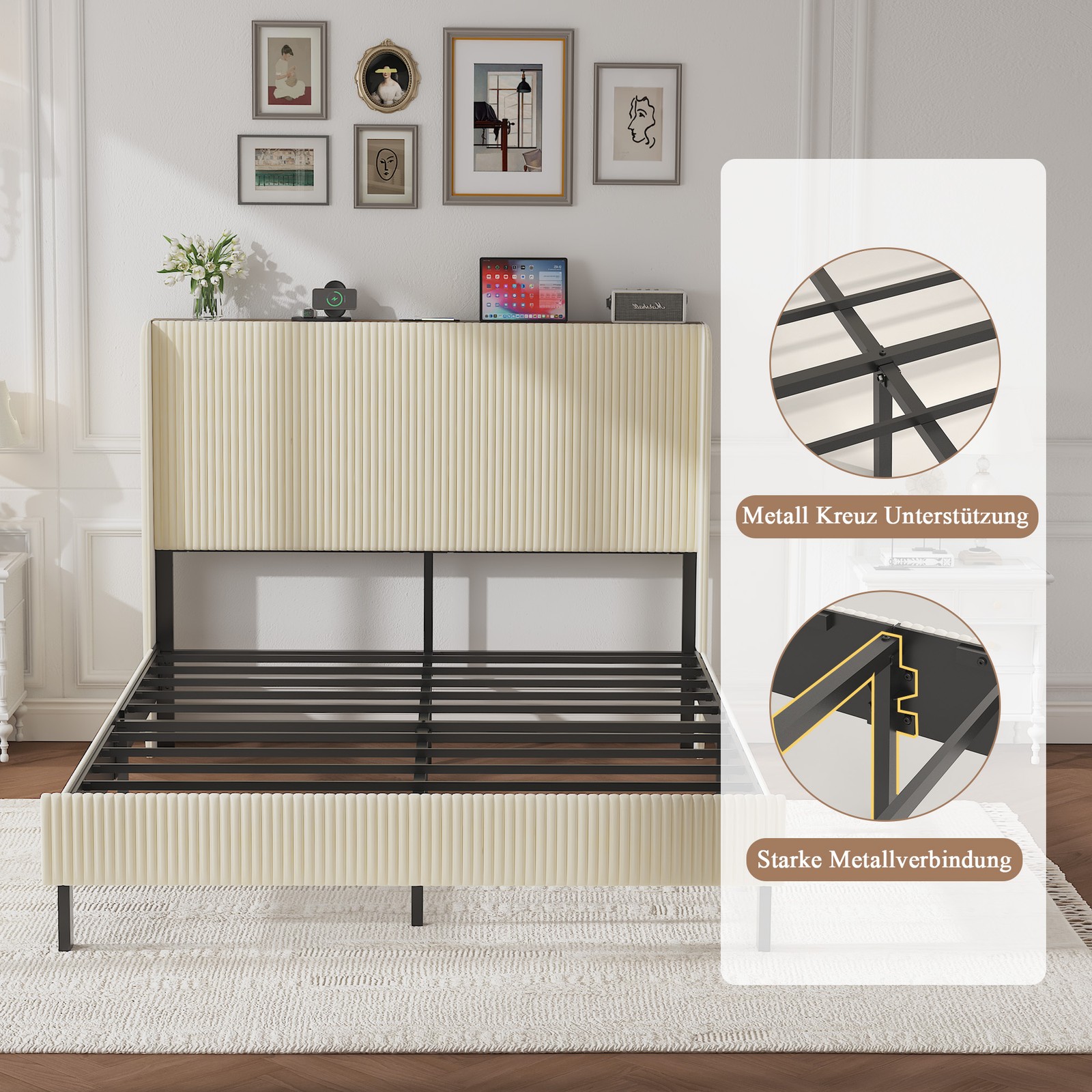 Queen Size Platform Bed , Metal Bed Frame with Charging Station, No Box Spring