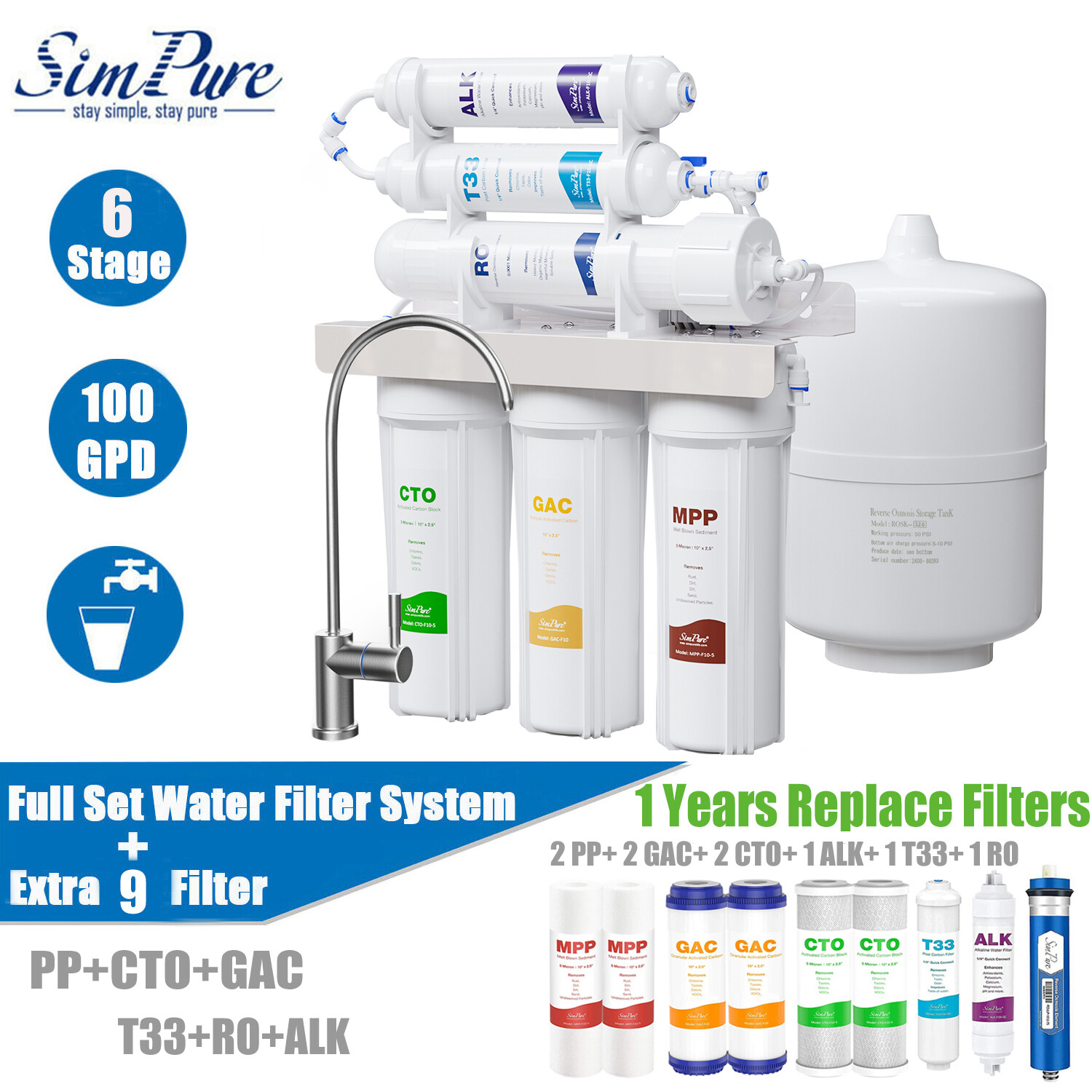 6 Stage 100GPD Alkaline PH RO Reverse Osmosis Drinking Water Filtration System