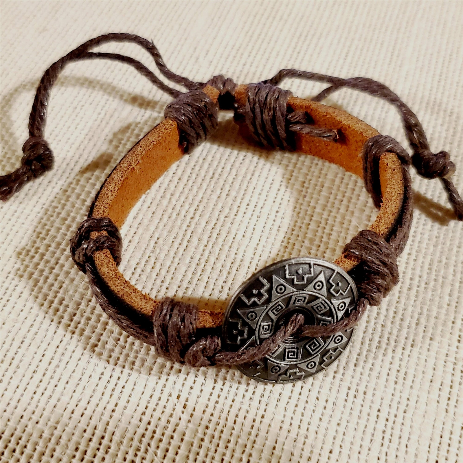 Handmade Brown Black Aztec Tribal Sun Leather Silver Pewter Adjustable Bracelet