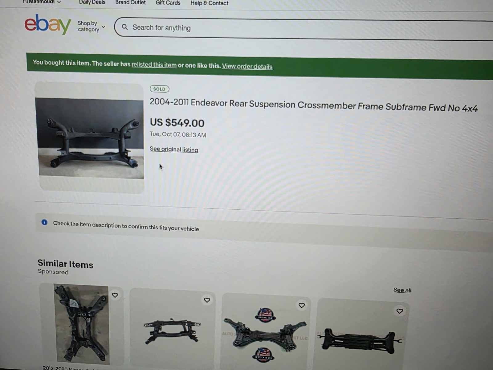 2004_ 2011 Mitsubishi  Endeavor Rear Suspension Crossmember Subframe FWD NO 4×4