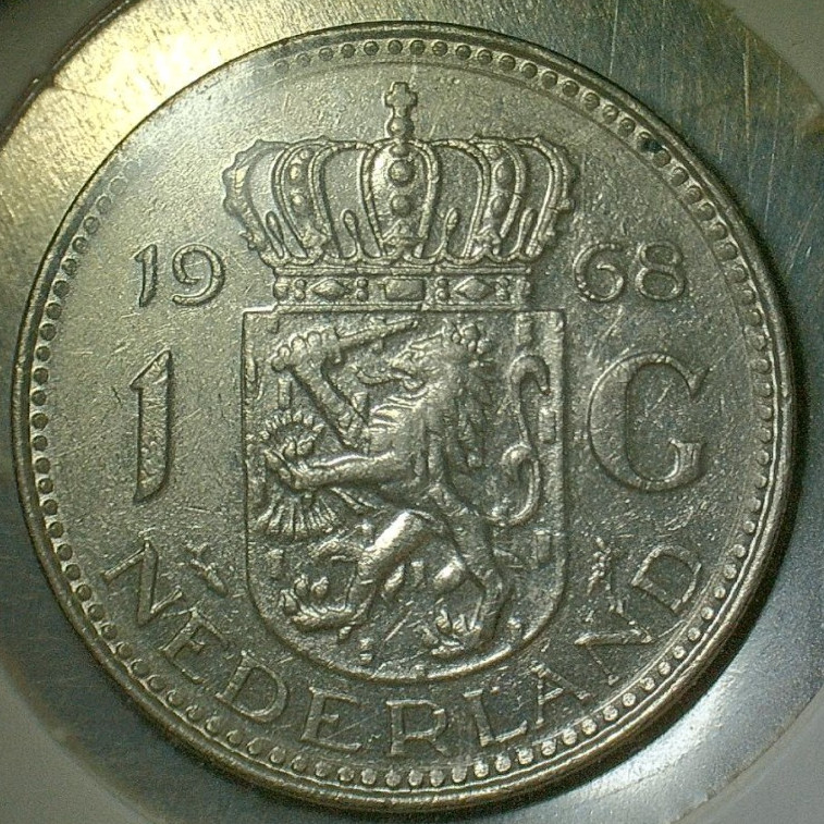 WORLD COIN SALE-1968 NEDERLANDS  1 GULDEN-NICKEL COMPOSITION COIN-KM# 184a
