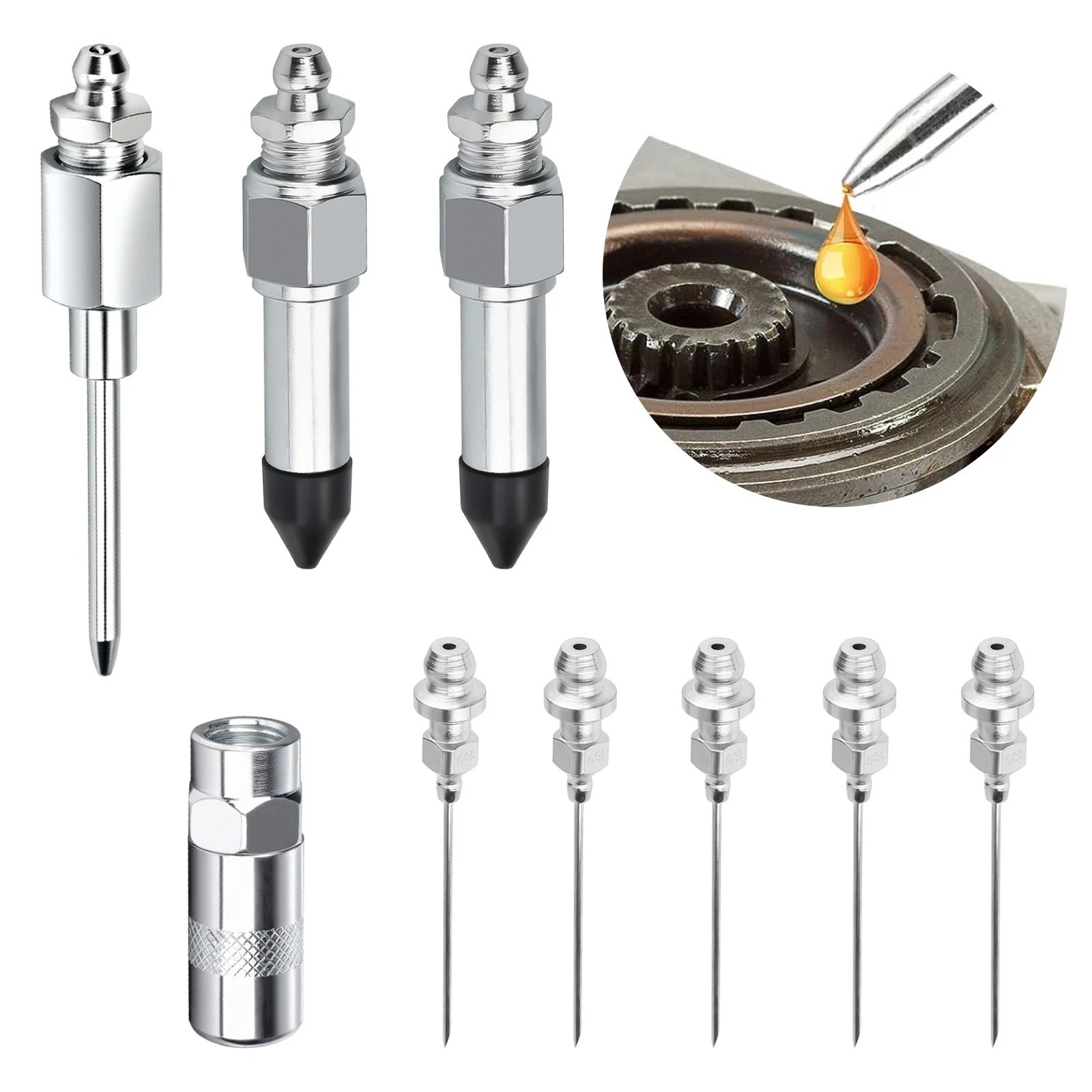 Complete Grease Injector Needle Nozzle Kit with Rubber Adapter Tool 9Pcs Set