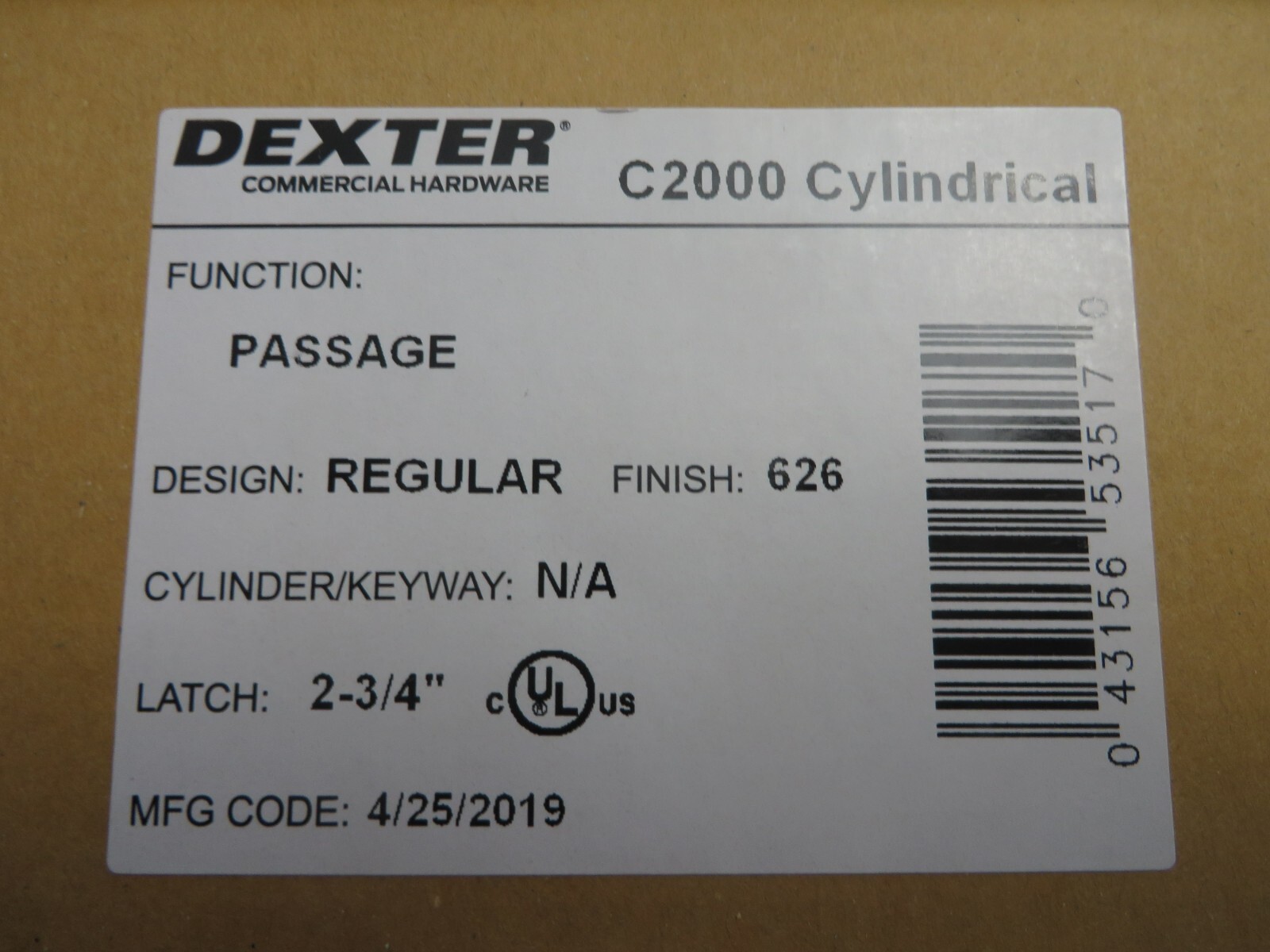 Dexter C2000-PASS-R-626 Cylindrical Lock Satin Chrome Non-Locking Passage