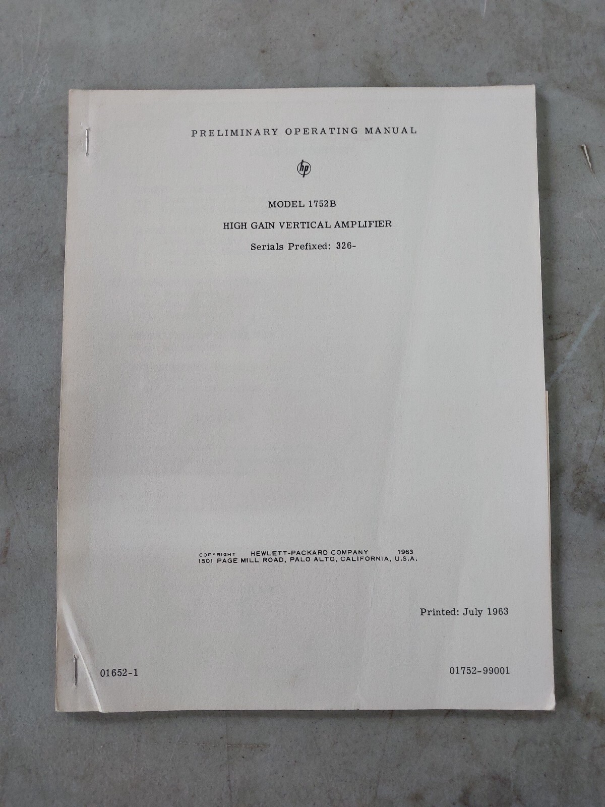 Original HP 1752B High Gain Vertical Amplifier preliminary operating manual