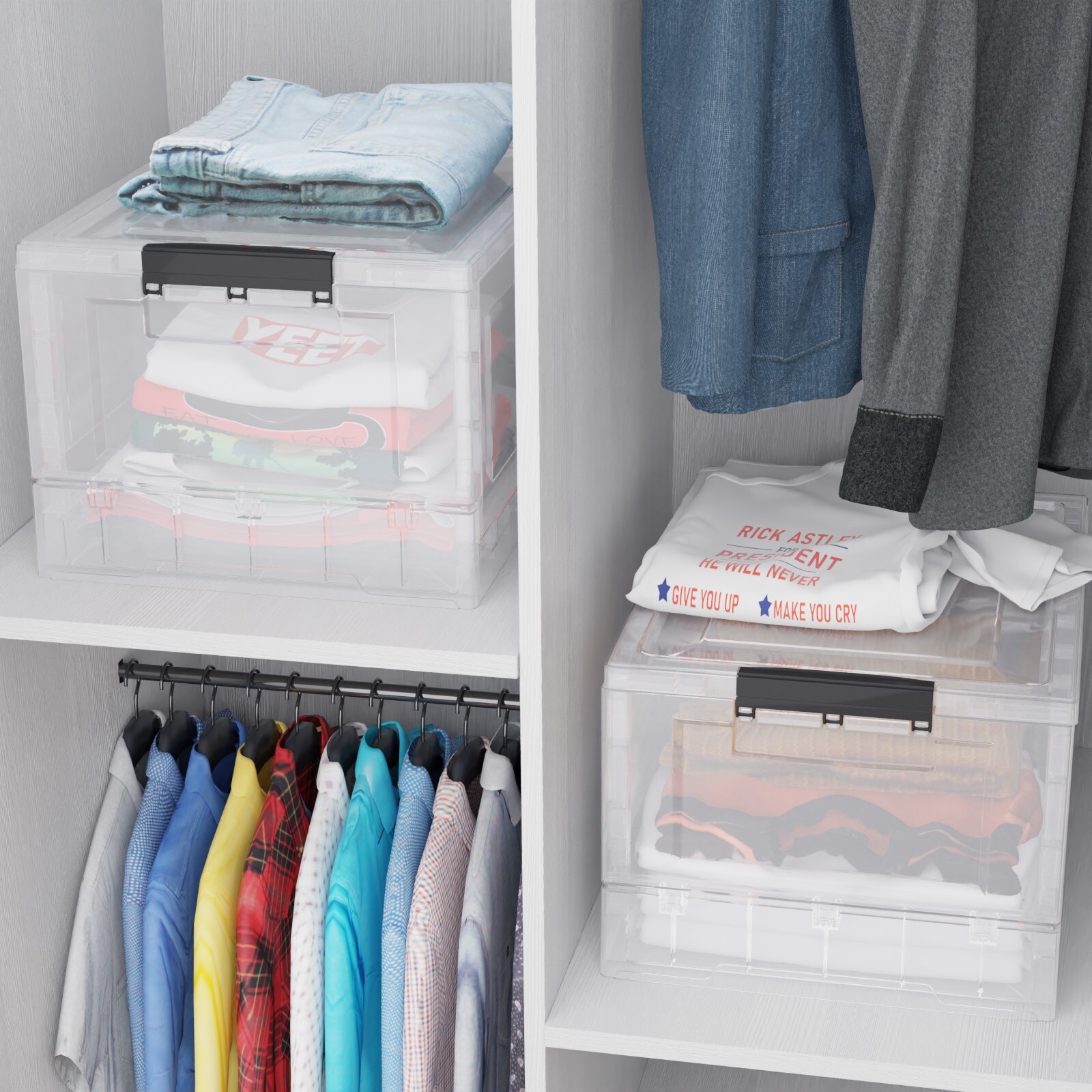 4 Packs Clear Stackable Folding Bins with Lids Collapsible Plastic Storage Cube