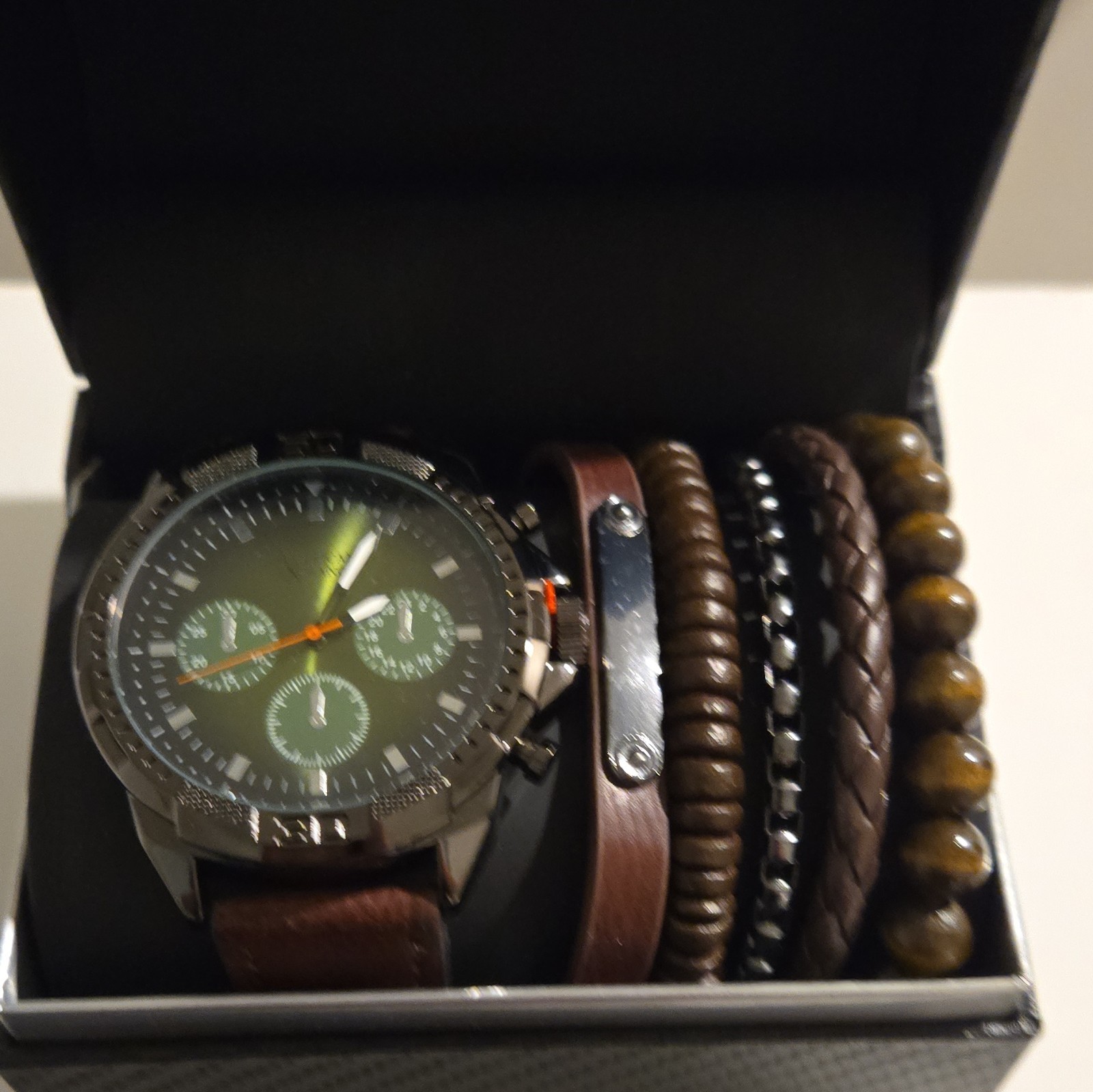 American Exchange Men's 5 Piece Accessory Set Leather Metal Beaded Brown Silver