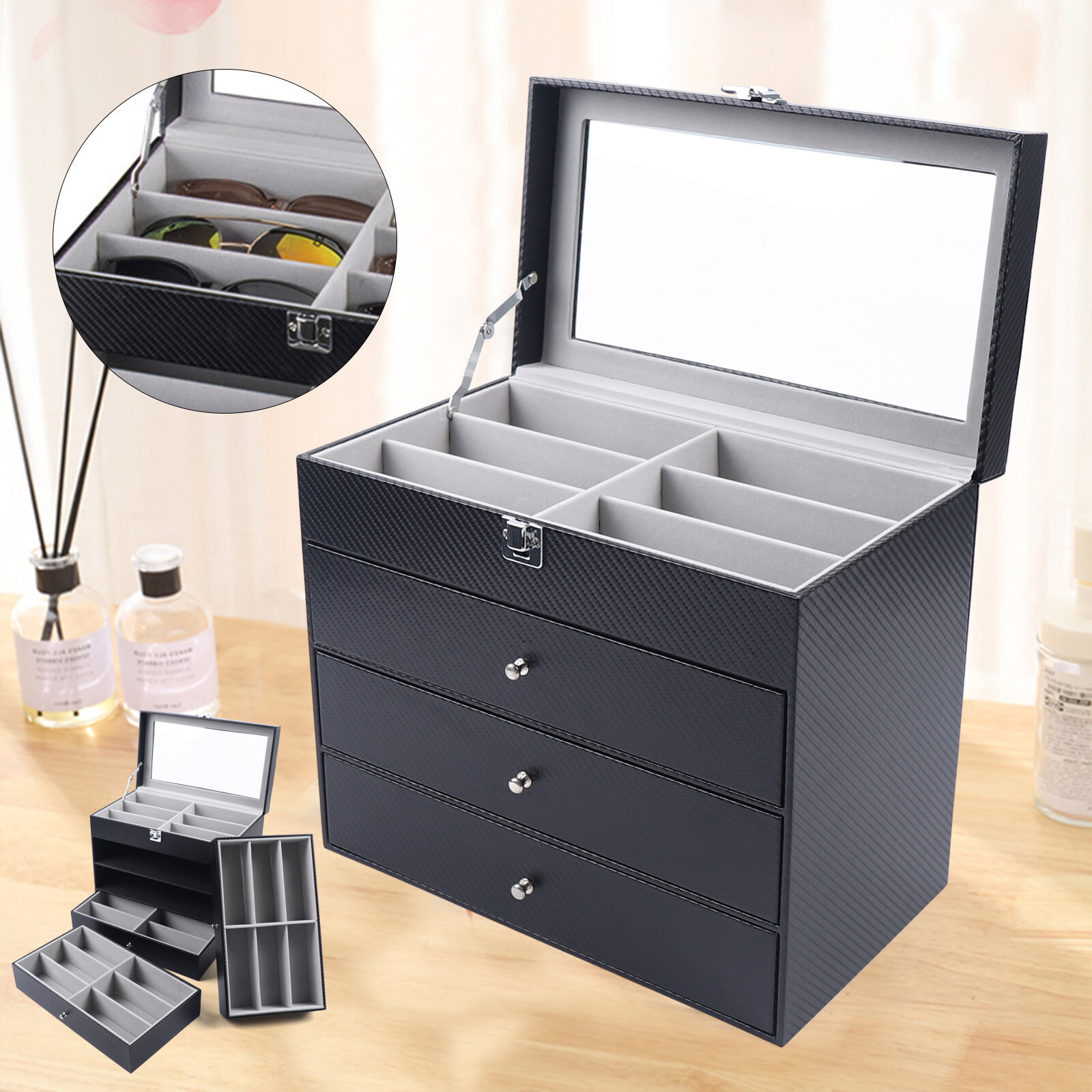 Sunglasses Storage Box 24 Grid Organizer Glasses Display PU Cases 4 Layer USA