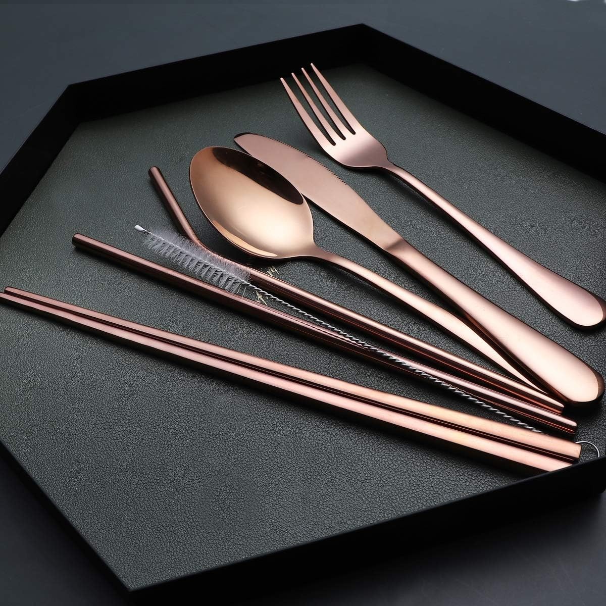 Lightweight 8-Piece Stainless Steel Cutlery Set for Camping & Travel - Rose Gold