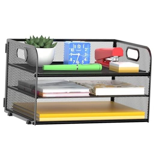 3 Tier Paper Organizer Tray with Handle, Mesh Letter 12.8" x 9" x 7.5" Black
