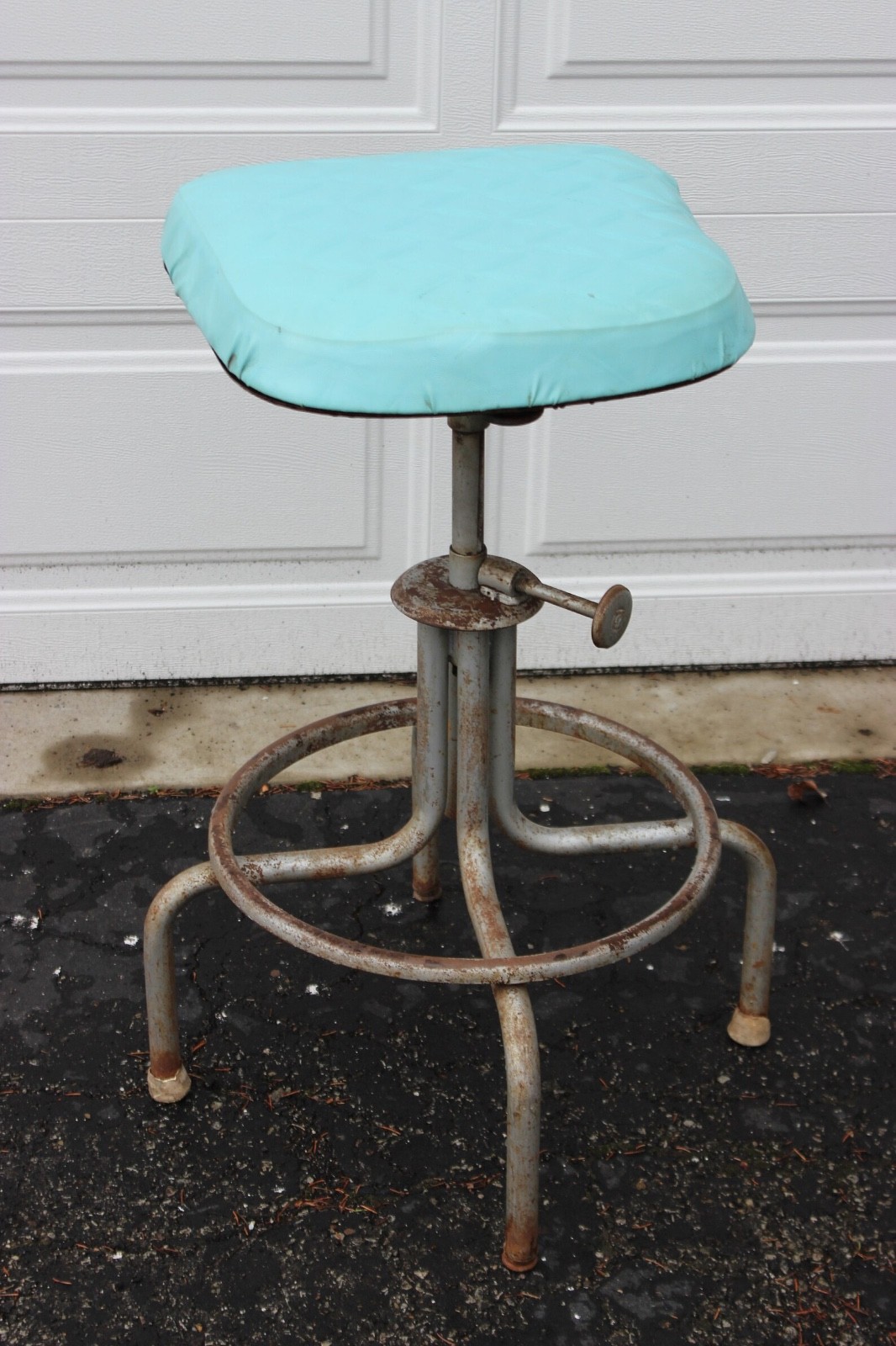 Vintage Industrial Metal Stool Blue Turquoise Seat Farmhouse Factory Garage Bar