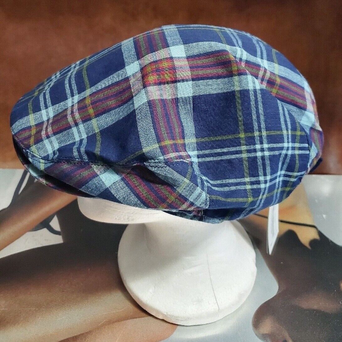 POLO RALPH LAUREN BLUE MADRAS PLAID COTTON MENS CABBIE/DRIVER HAT (SM, L/XL) NWT