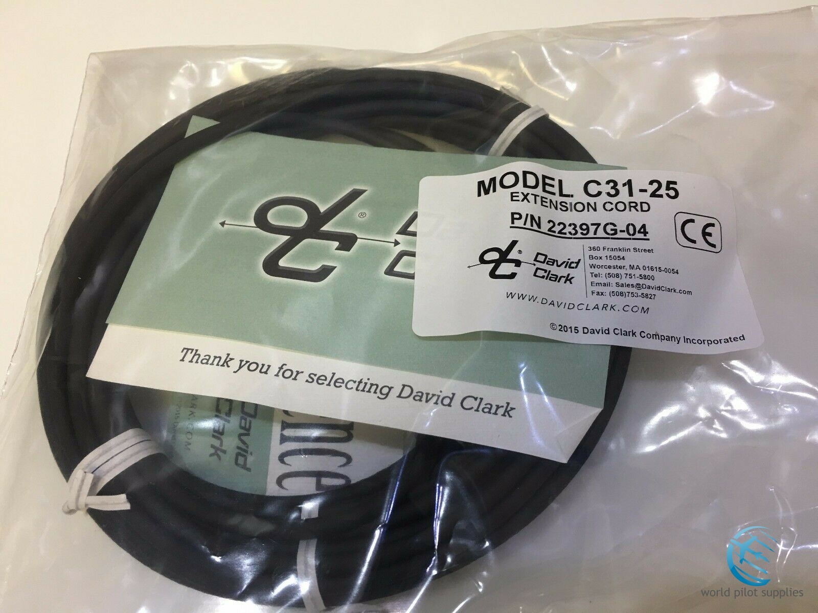 DAVID CLARK HEADSET EXTENSION CORD (STRAIGHT) 25 ft. MODEL C31-25 p/n 22397G-04