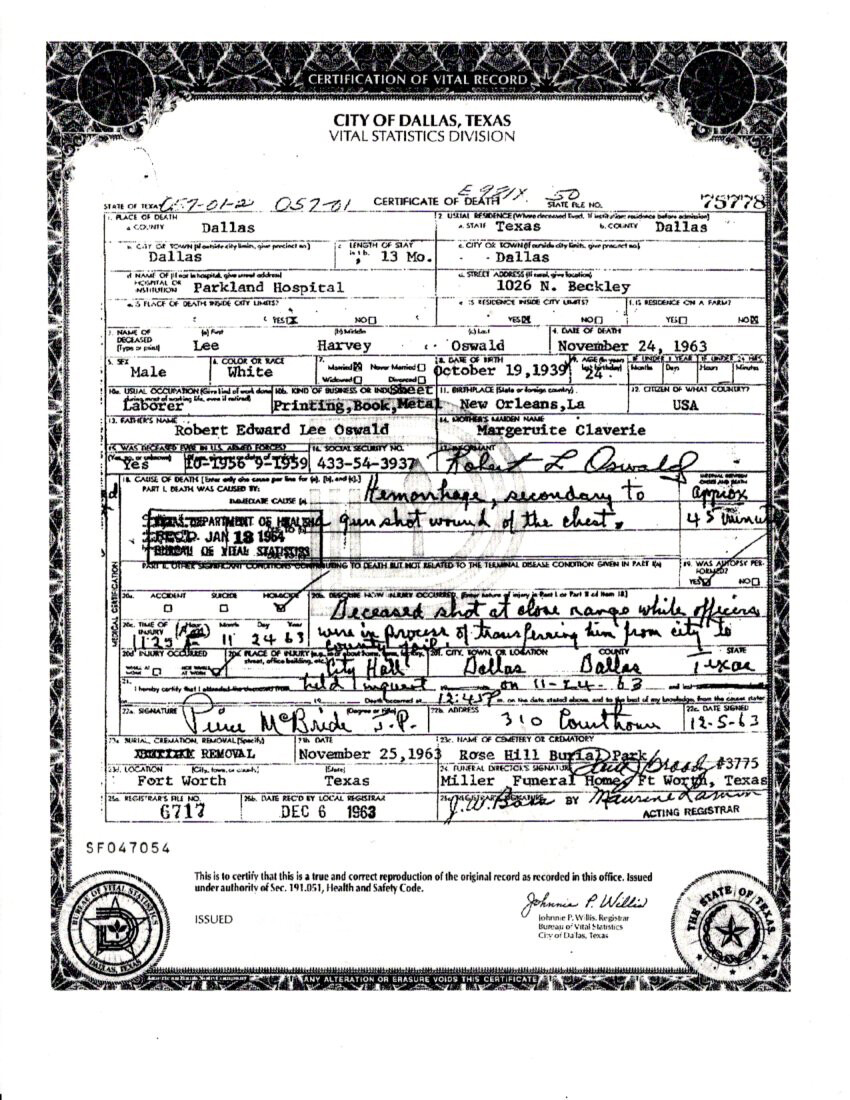 Lee Harvey Oswald Death Certificate Reproduction