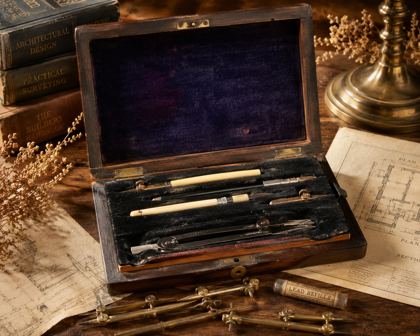Antique Reynolds & Halden Drawing Instrument Set Mahogany Case c.1900-1925
