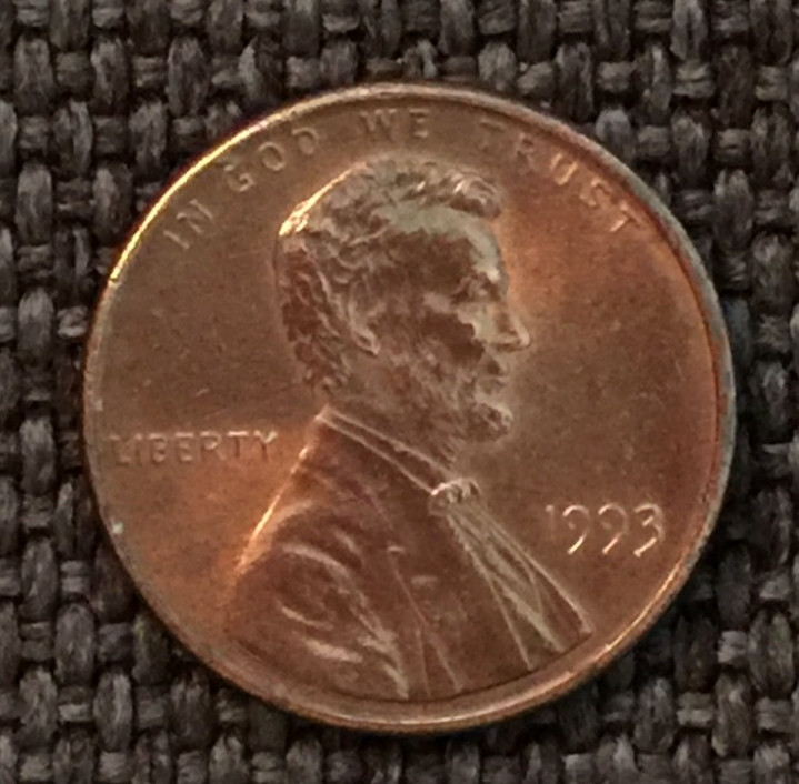 1993 P Lincoln penny, actual coin in picture, free shipping.