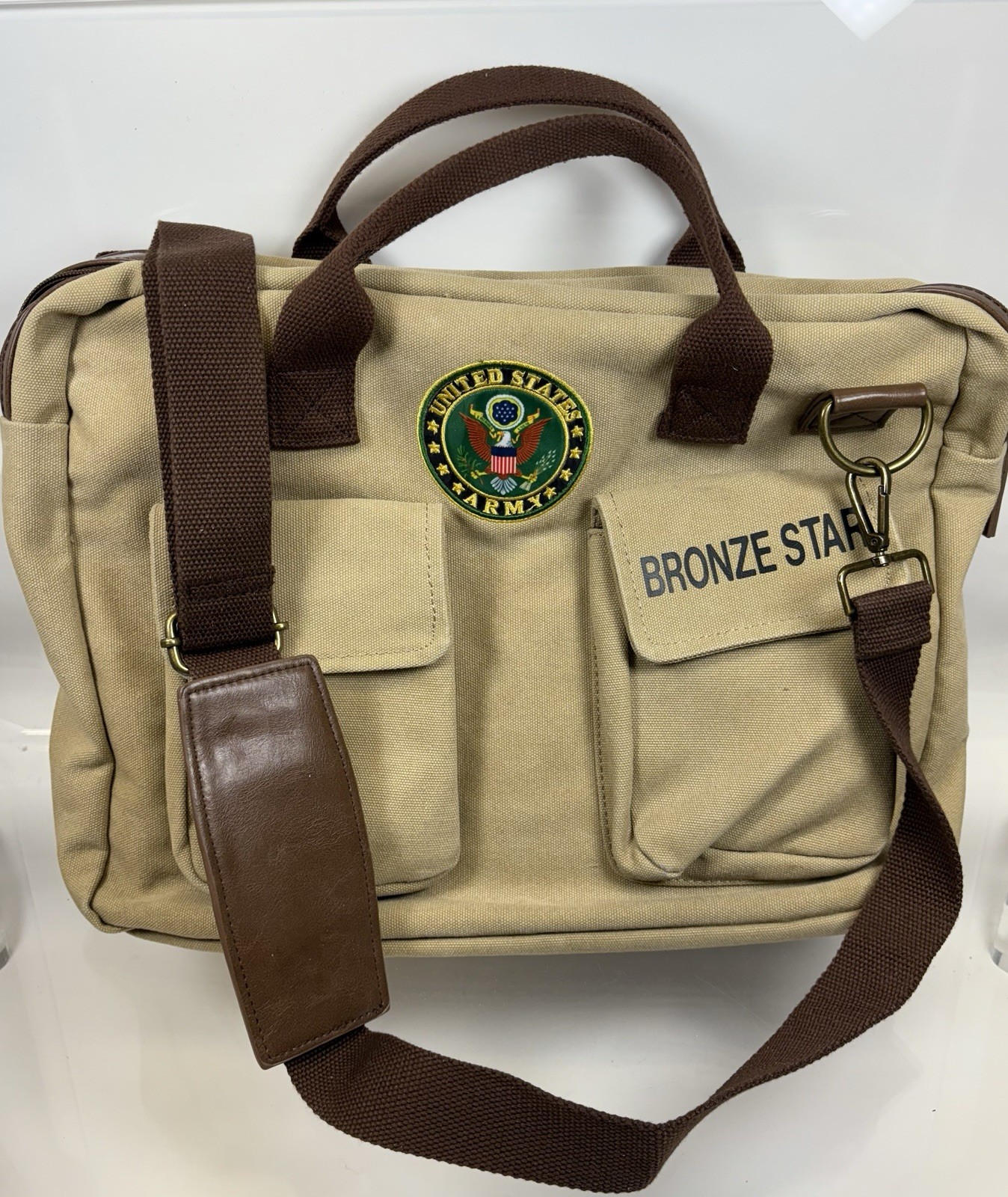 US Army Messenger Bag Military Tan Outdoor Tactical Canvas Shoulder Bronze Star