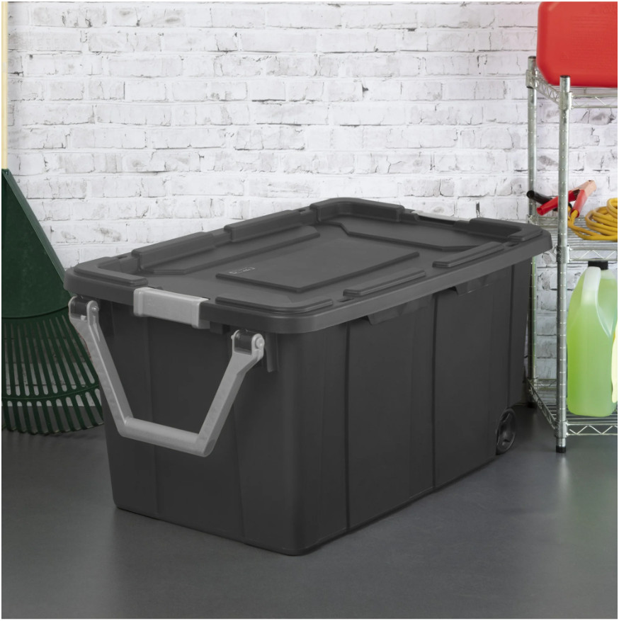 (2-Pack) 40 Gallon Plastic Storage Bin on Wheels with Locking Lid, Dark Gray