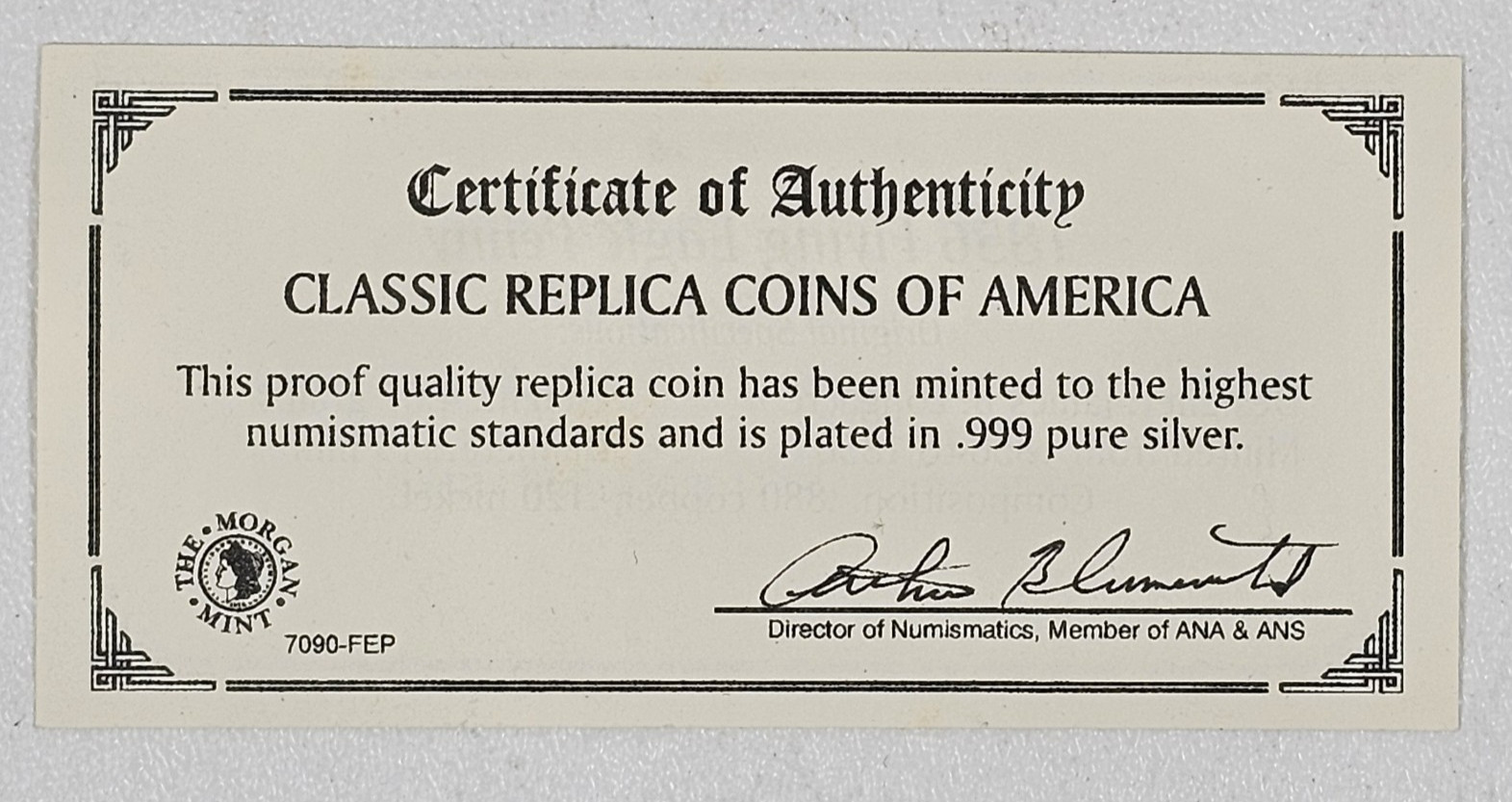 1856 Flying Eagle Penny Cent Silver Plated COA -COPY Large Free Shipping
