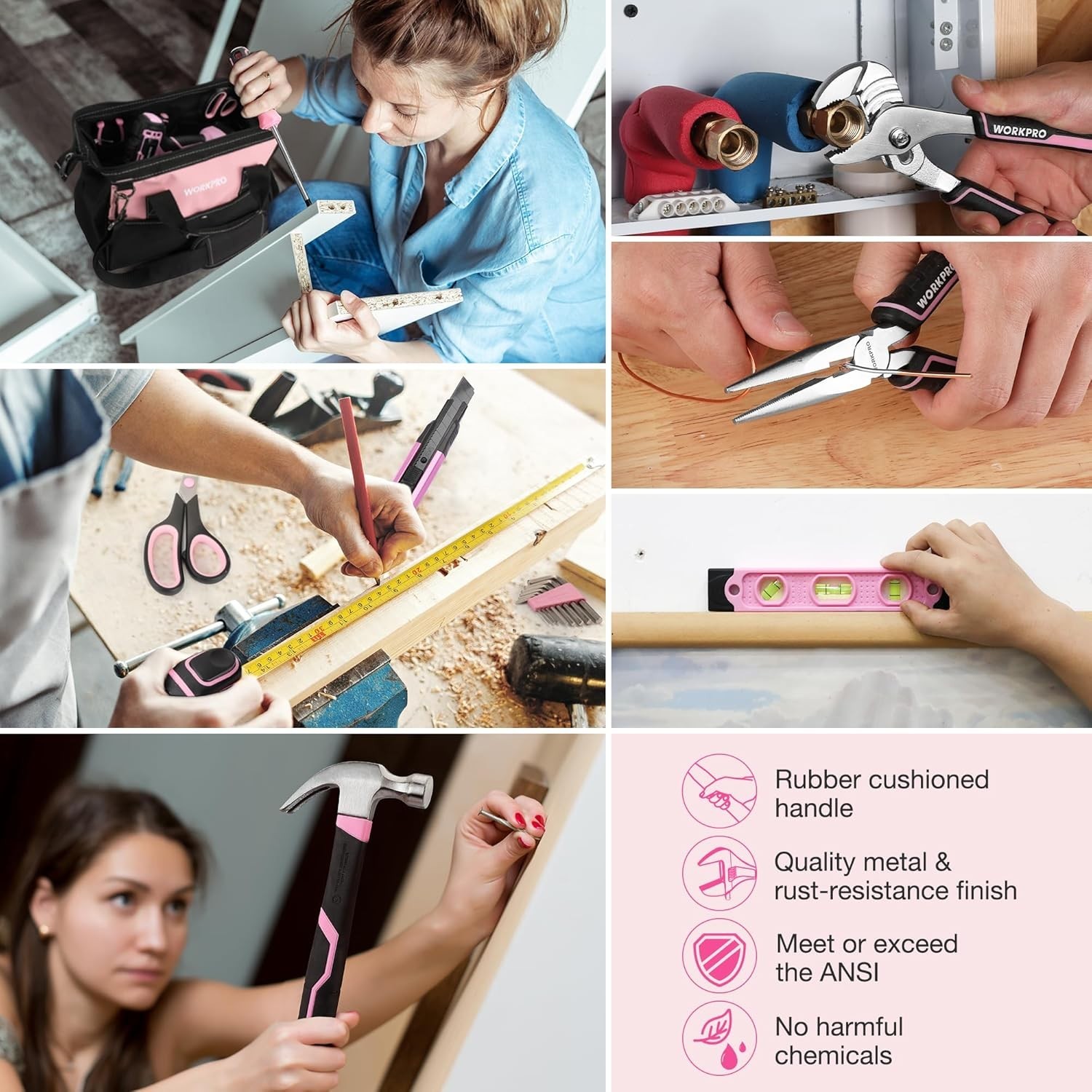 Pink Tool Kit with Drill, Tool Set with 20V Cordless Lithium-ion Drill Driver...