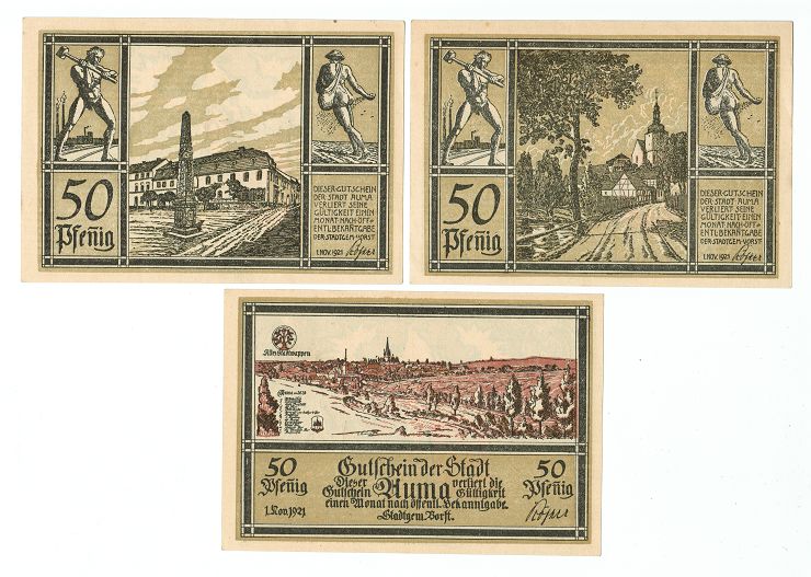 SET OF 6 GERMANY NOTGELD 50 PFENNIG STADT-AUMA 1921 UNC