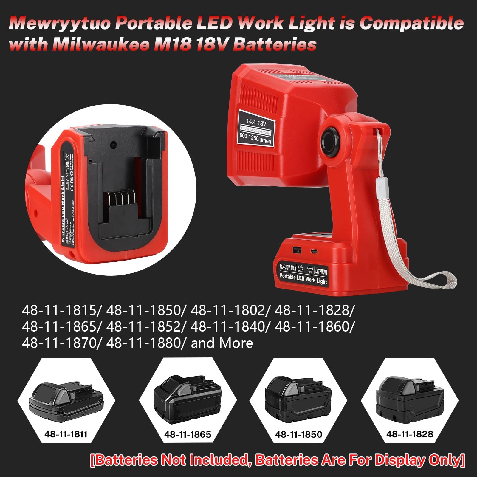 Flashlight Work Light for Milwaukee M18 18V Battery, 18W Work Lights with USB &