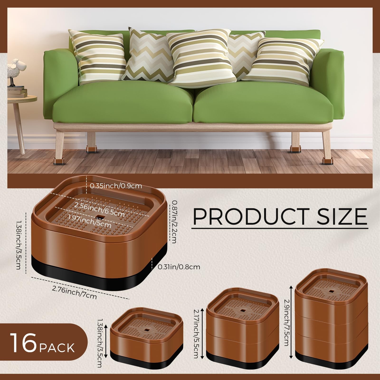 16 Pack Furniture Risers Adjustable Bed Risers Desk Leg Risers 1.38" Stackabl...