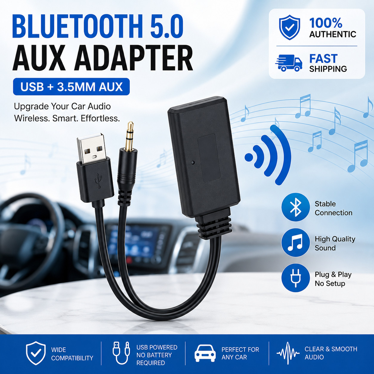 2 In 1 USB Bluetooth 5.0 Transmitter Receiver Adapter Wireless For PC Car Kit