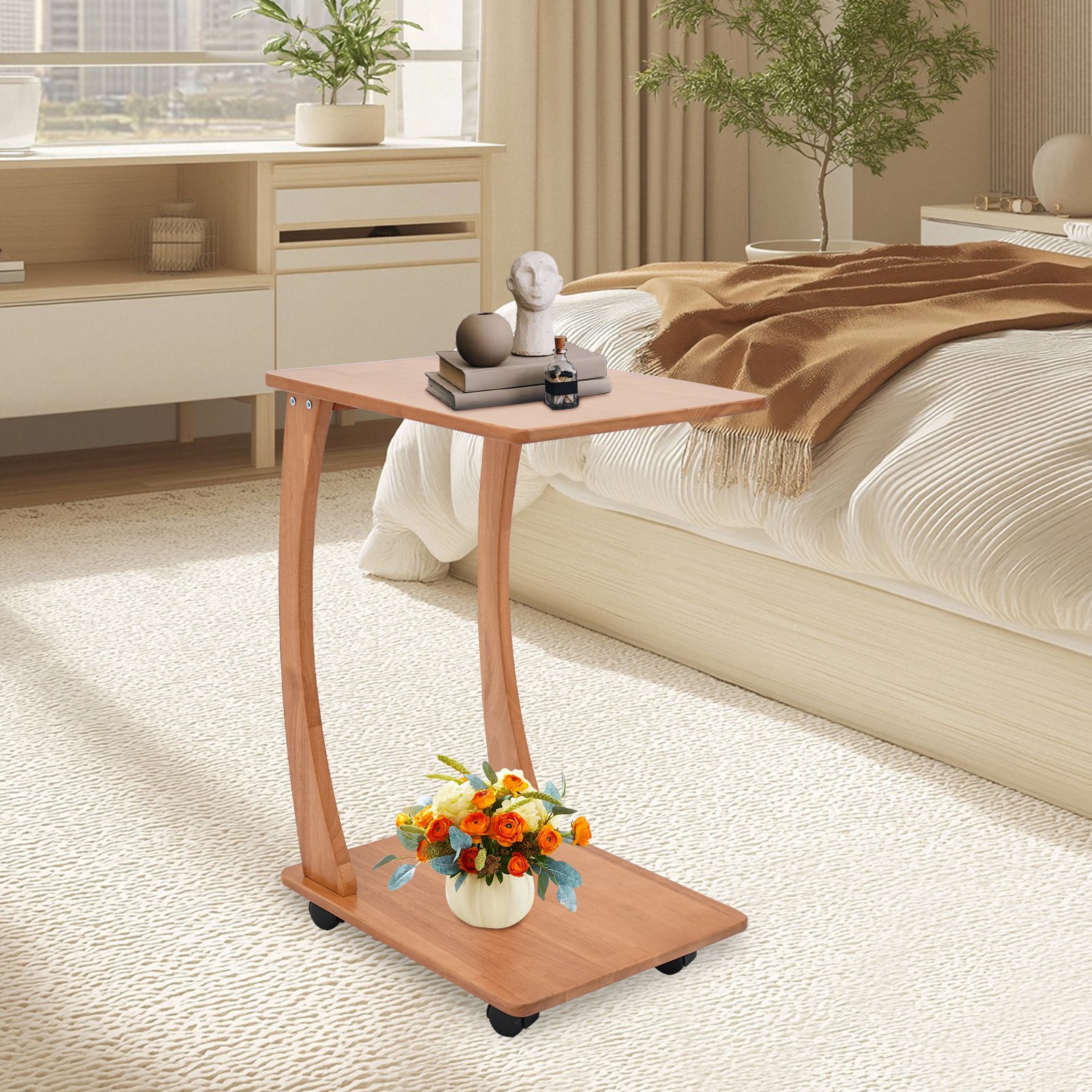 Solid Wood End Table With Rolling Wheels, C Shaped Side Table, Tv Tray Table
