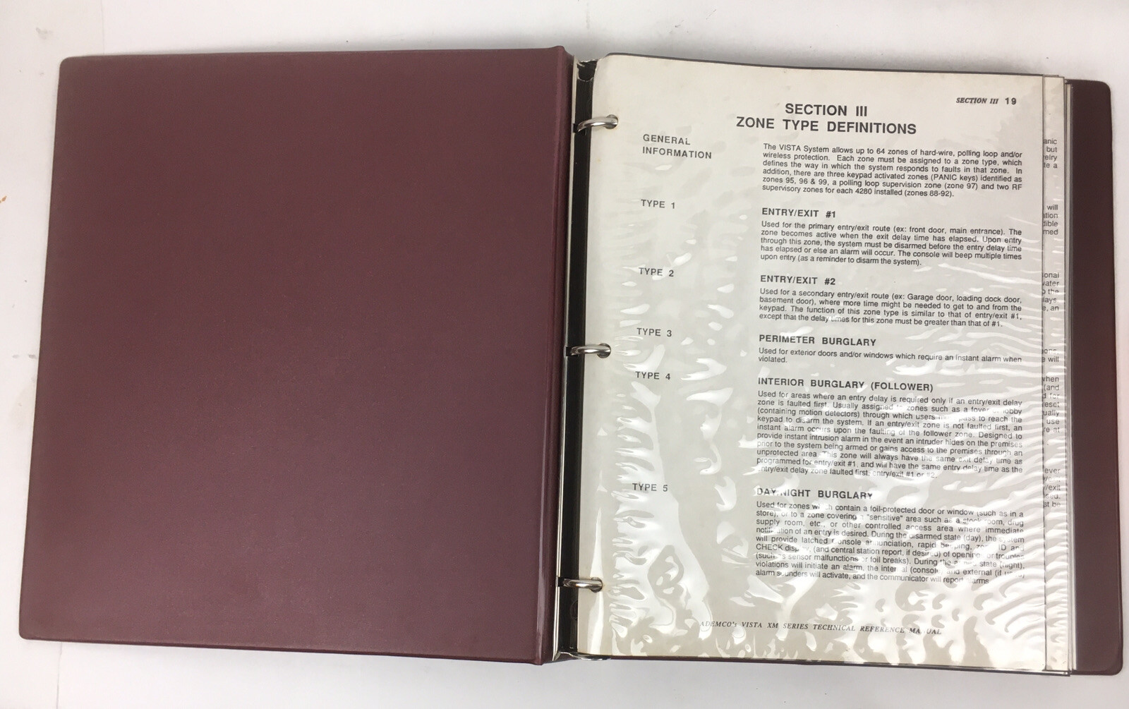 Ademco’s Vista XM Series Technical Reference Manual Papers Security Sys. Binder