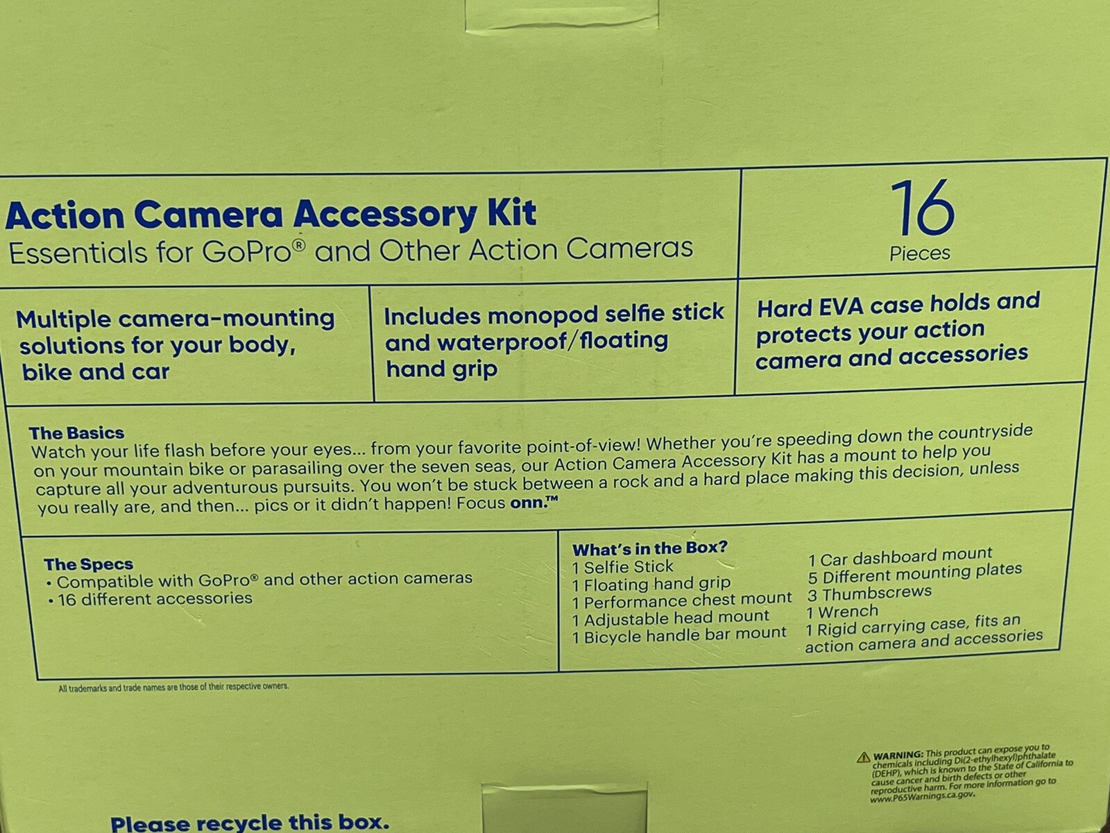 Focus Action Camera 16 pieces Accessory ONN. Kit Essentials for GoPro® & others!